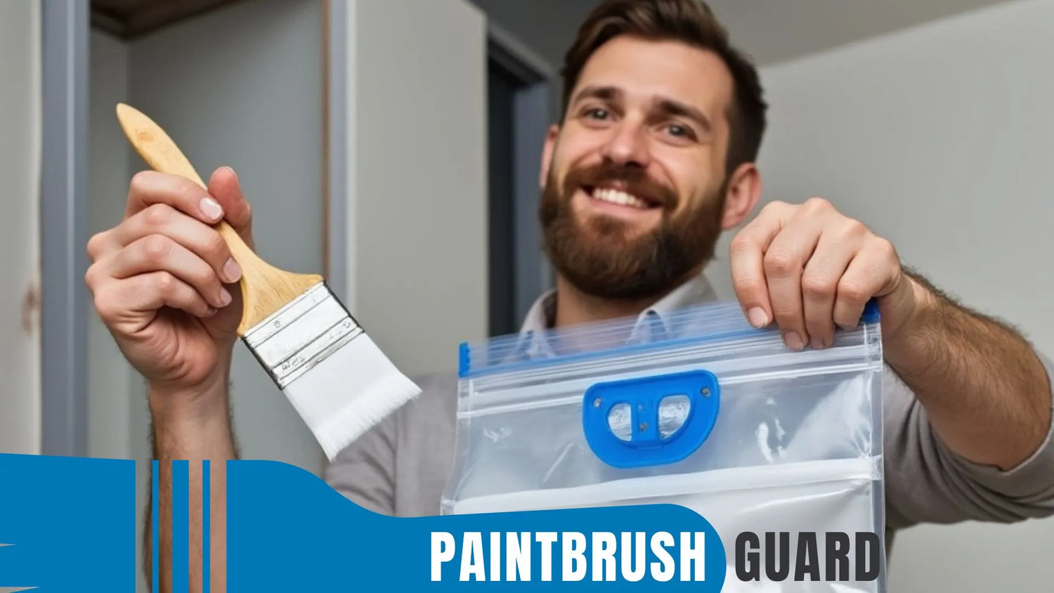 Man holding a paintbrush and a paintbrush guard with a visible brand name.
