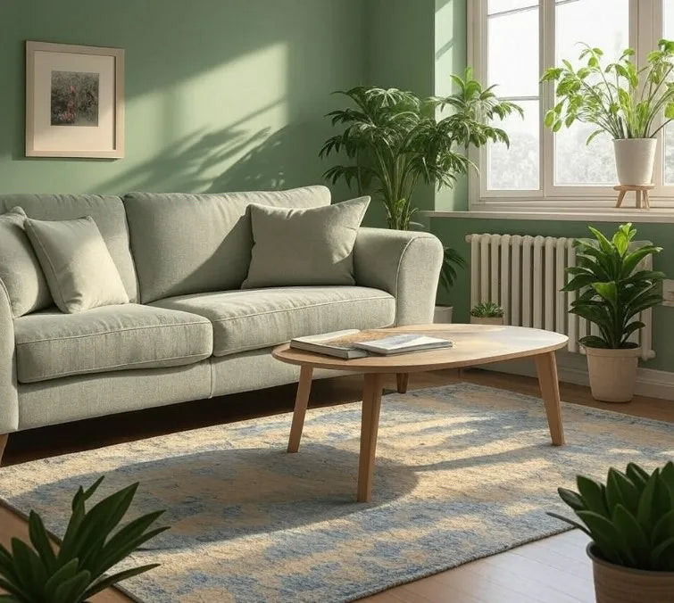 Living room with a gray sofa, wooden coffee table, and potted plants.