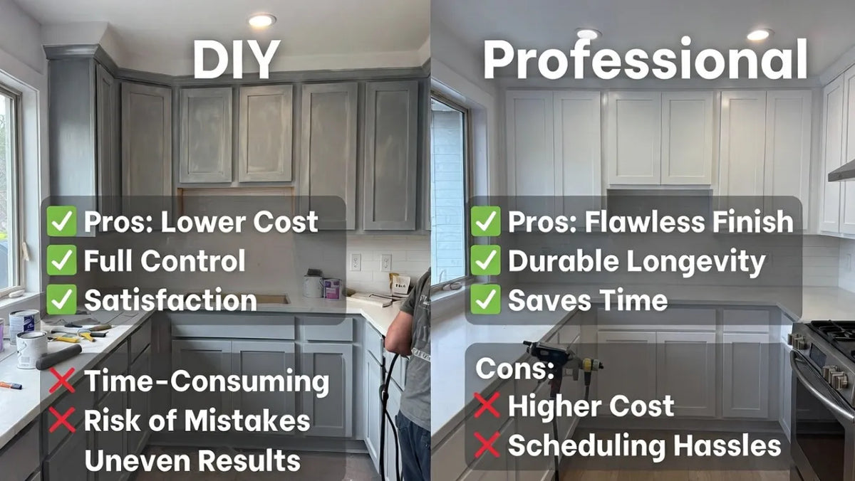 DIY vs. Professional Cabinet Painting: DIY thrills against pro finesse, covering costs, time  and lasting results to help you pick what's right for your home.