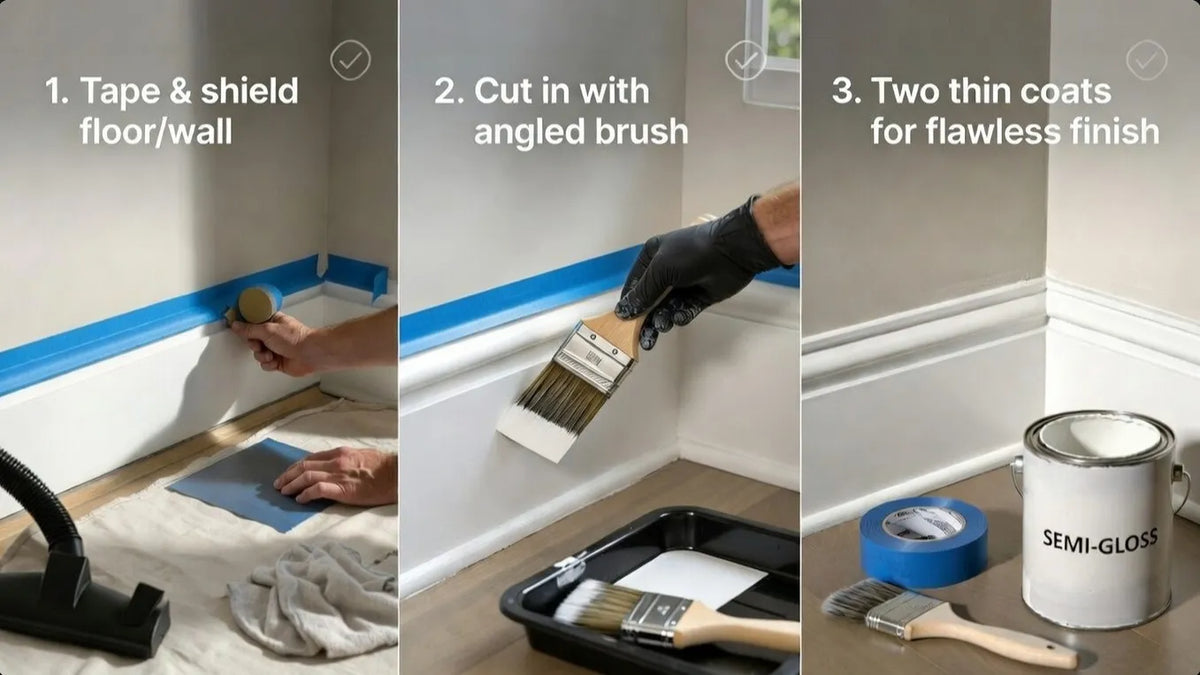 How to paint interior baseboards without removing them: This guide shares essential tools, step by step instructions, and tricks for avoiding mess on carpets.