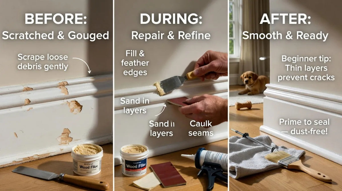How to Repair Damaged Baseboards Before Painting: This beginner guide includes tools, tips and tricks to make your trim look new without breaking the bank.