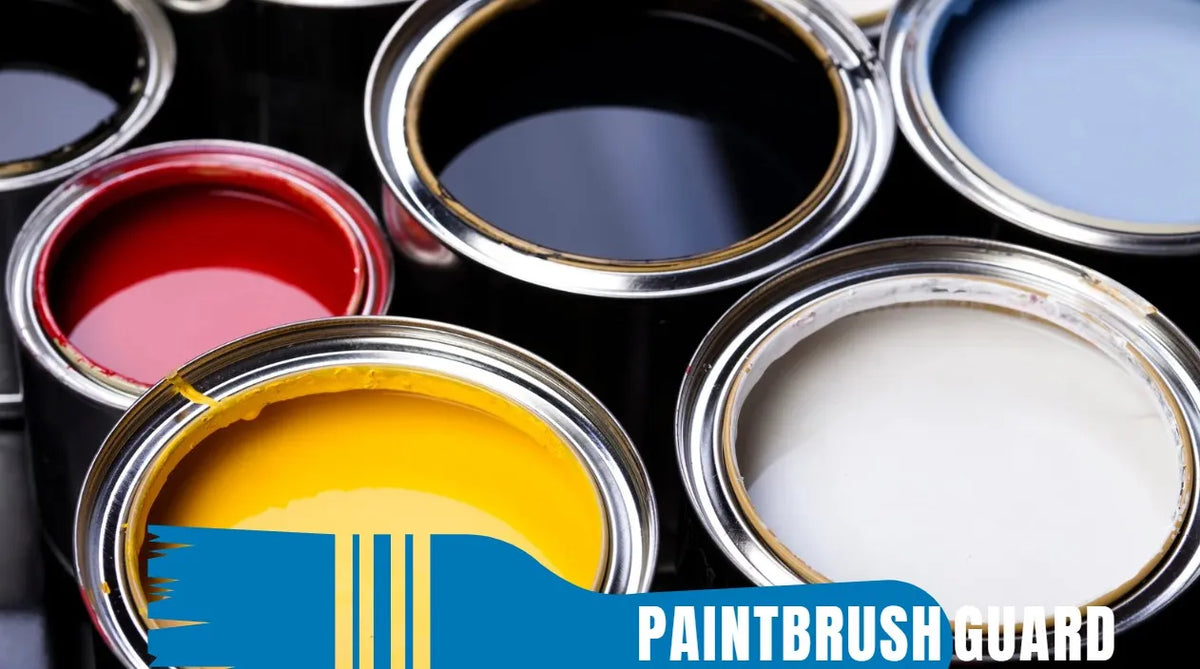 Open paint cans in various colors, showing leftover paint storage with Paintbrush Guard text