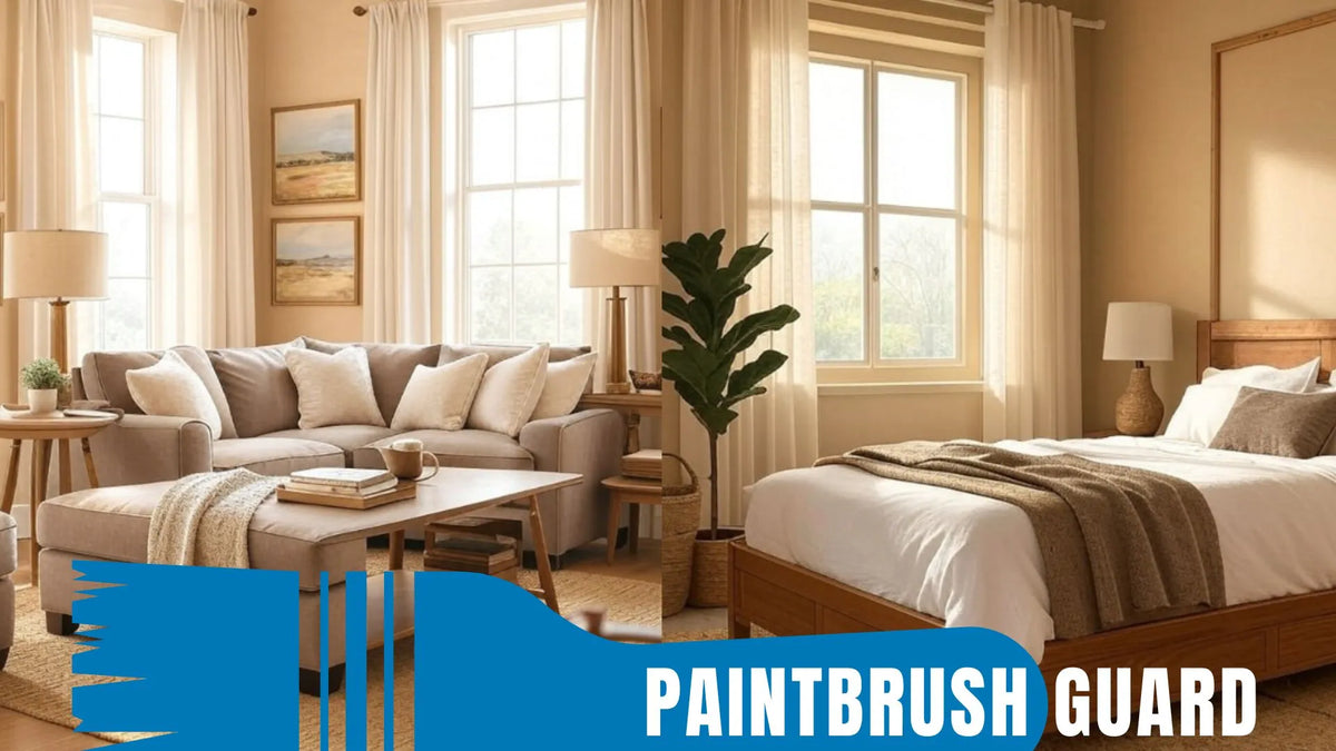 Embrace cozy warmth with warm beige paint. Earthy neutral for modern living rooms, timeless depth blending wood & leather in minimalist styles.