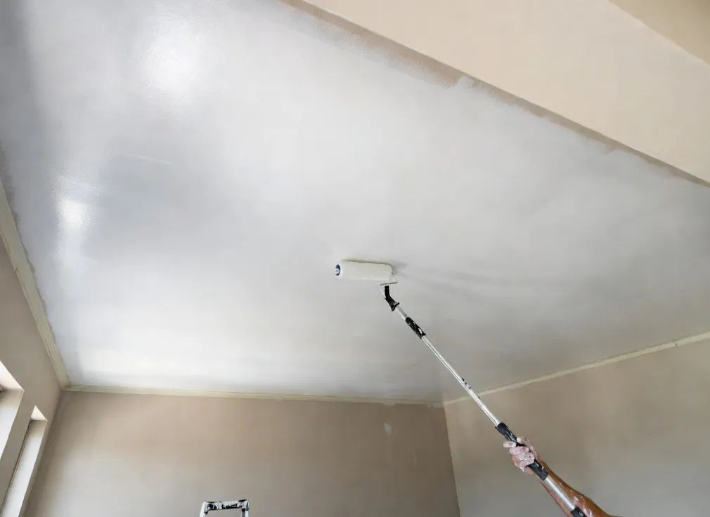 Person painting a ceiling with a roller in a room.