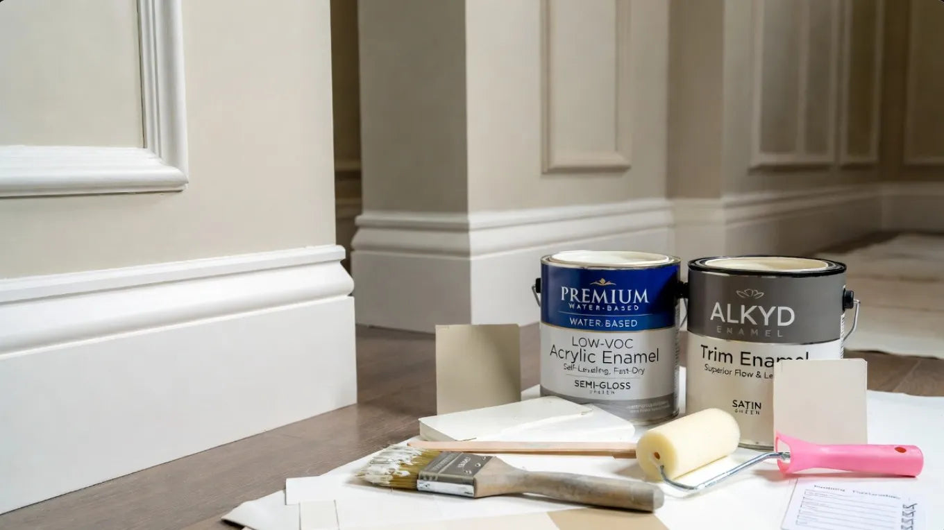 Best: Water-based acrylic enamels (low-VOC, fast-drying, self-leveling); alkyd enamels (oil-like flow, superior leveling); semi-gloss or satin sheen for washability.