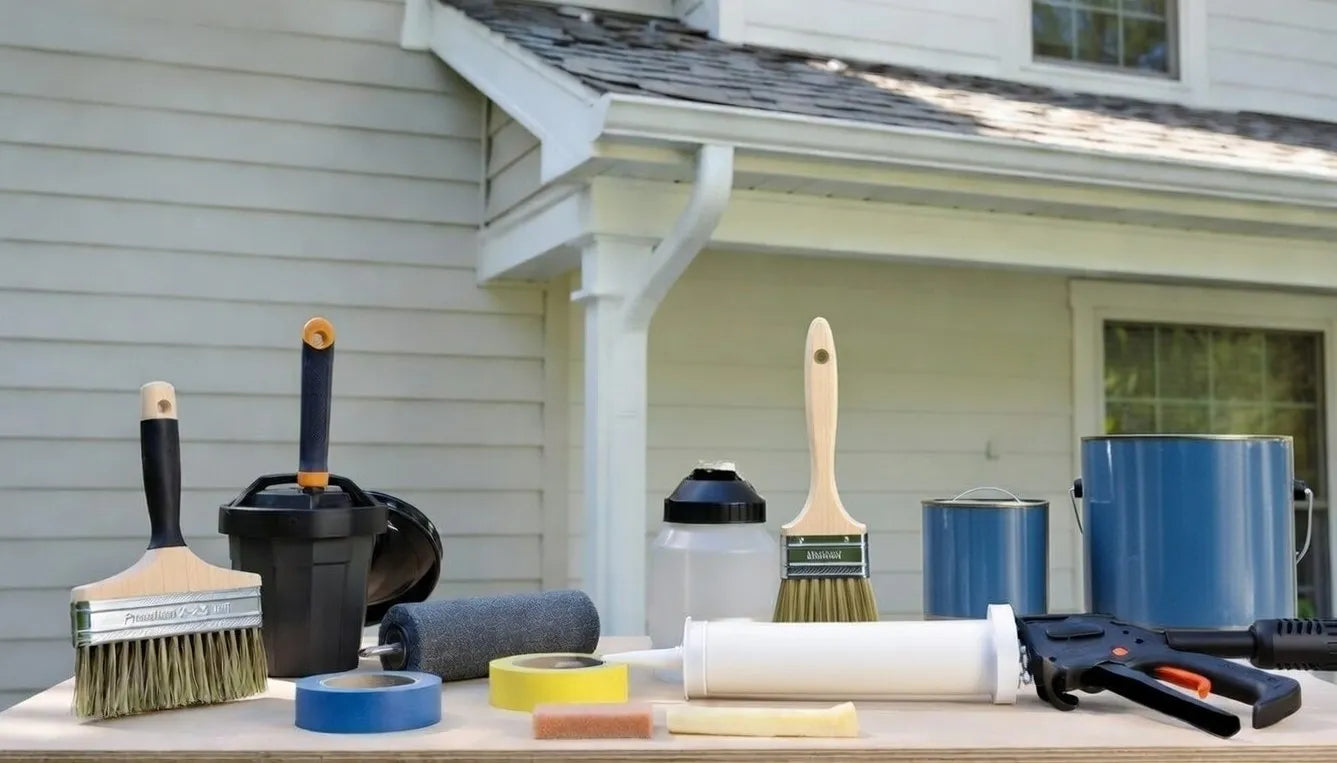 Precision tools for clean, efficient work.Top: Angled sash brush (cutting-in), Paintbrush Guard (wet storage/eco), mini rollers, airless sprayer (large areas), quality tape/masking, caulk gun/tools, low-PSI pressure washer. 