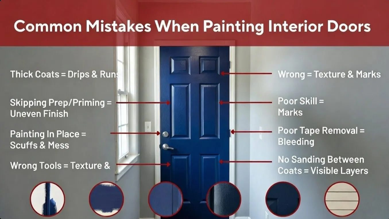 Blue door with text and icons indicating common mistakes when painting interior doors.