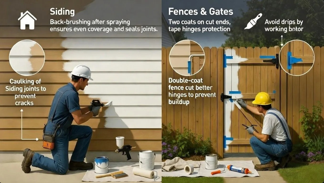 Siding behaves one way, fences another. Painting exterior wood siding gets into back-brushing after spraying, caulking joints properly.