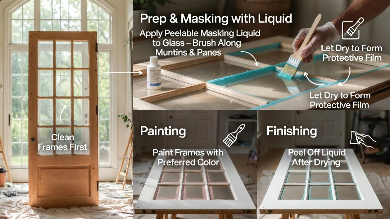 Step-by-step guide on painting glass doors with text and images of the process.