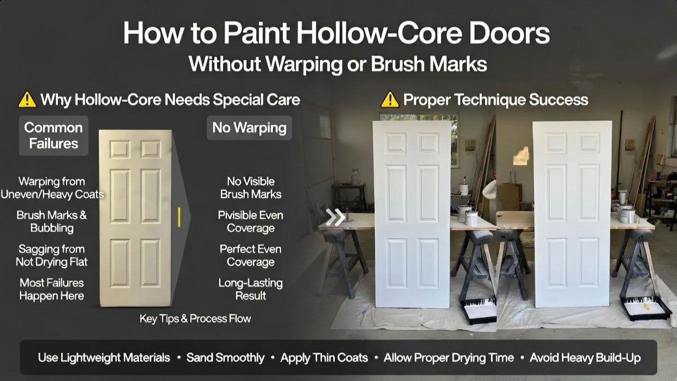 Instructional graphic on painting hollow-core doors with before and after images, text explaining process and tips.