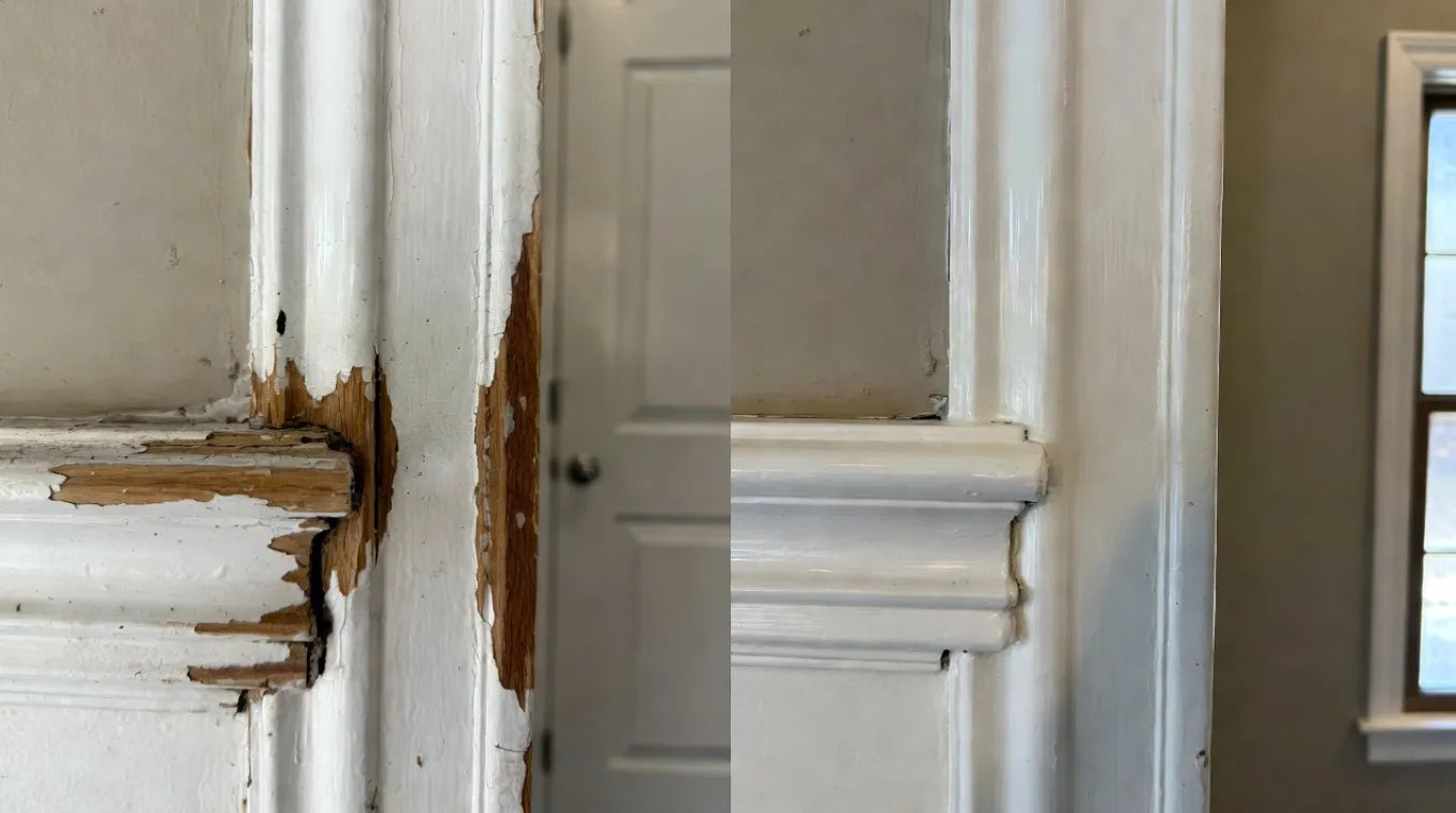 Steps: Clean area, fill small damage with spackle/wood filler, use epoxy for larger/deep rot, sand flush, prime, caulk joints. For severe damage: Replace sections with matching profiles.