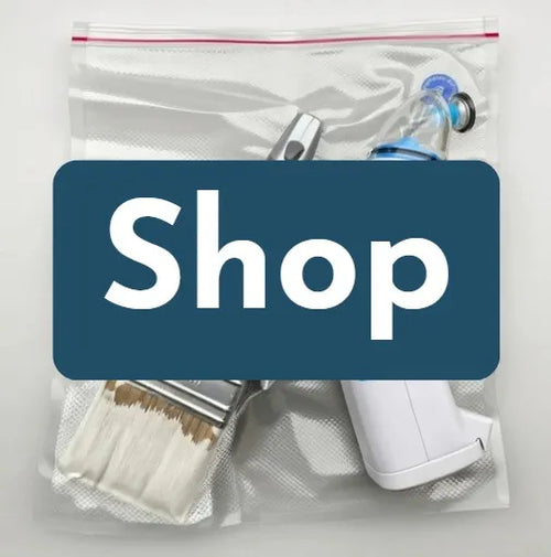 Clear mesh bag with cleaning tools and a 'Shop' label on a white background