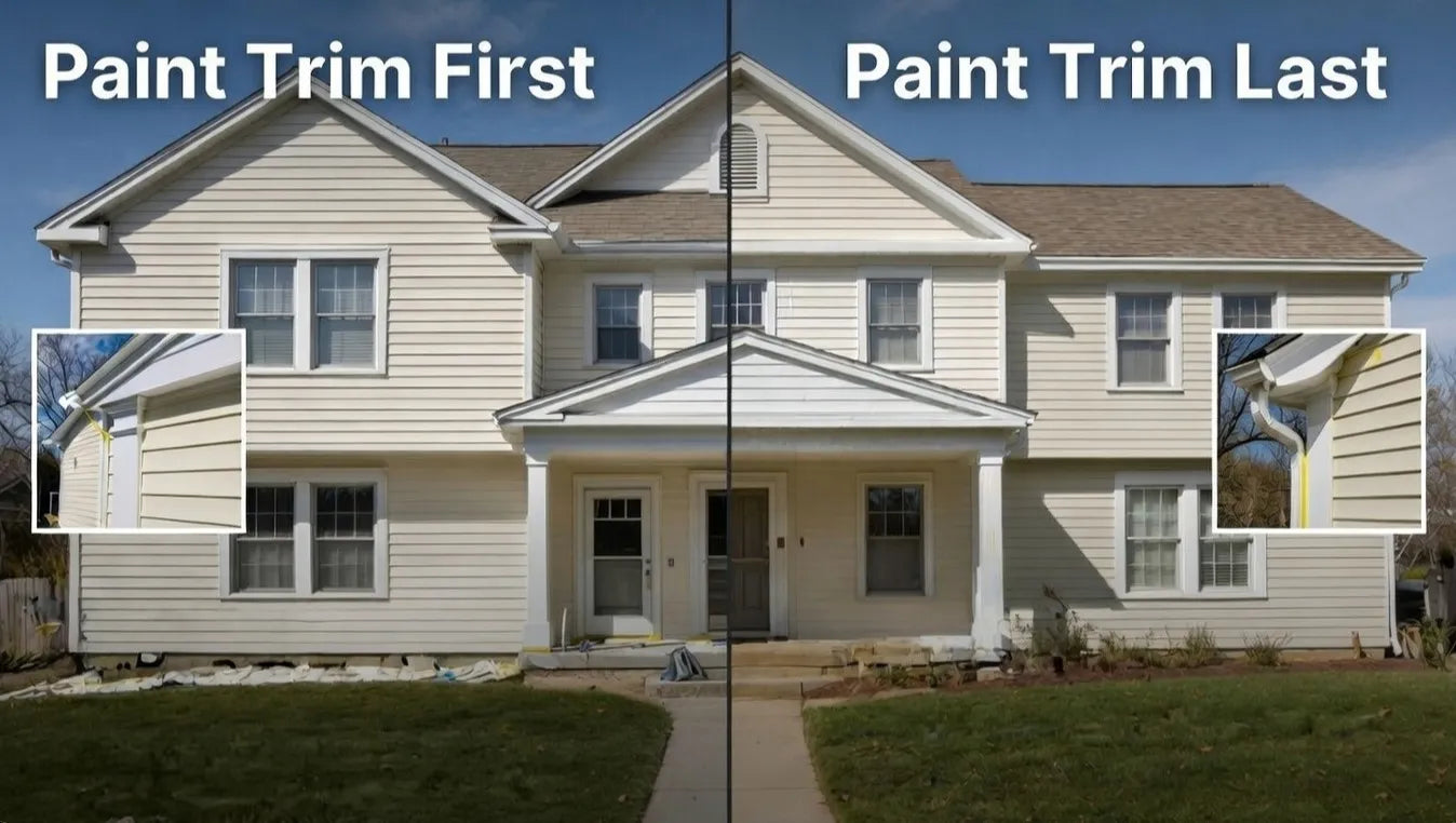 Comparison of painting trim first versus last on a house exterior.