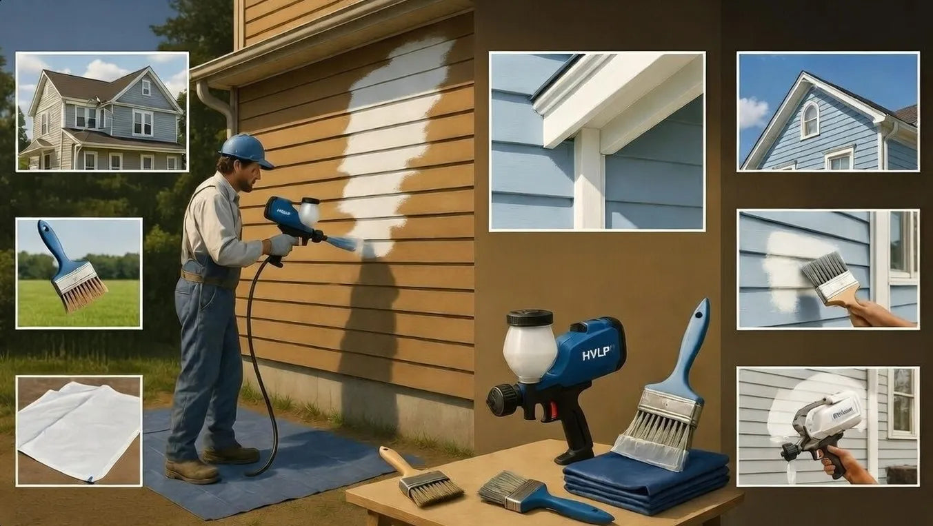 Person painting a house exterior with various painting tools displayed.