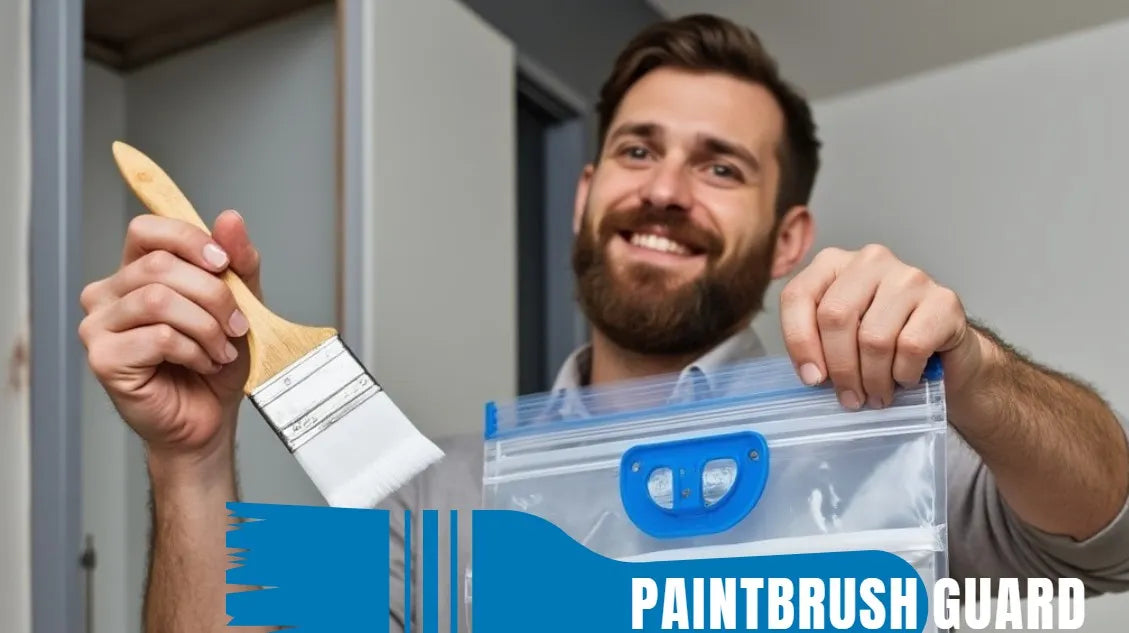 Man holding a paintbrush and a container with 'Paintbrush Guard' branding.
