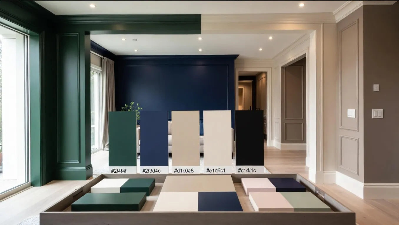 Current and emerging trends for fresh looks.Highlights: Moody deep greens/navy, warm taupes/beiges, two-tone schemes (white walls + colored trim), black accents, soft pastels for contemporary calm, matte finishes for sophistication.