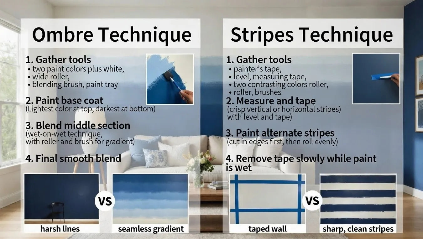 Comparison chart of Ombre and Stripes painting techniques with visual examples.