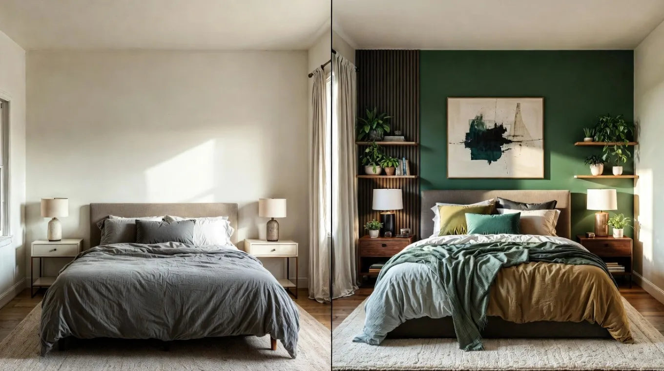 Two bedroom settings with different color schemes and decor elements.