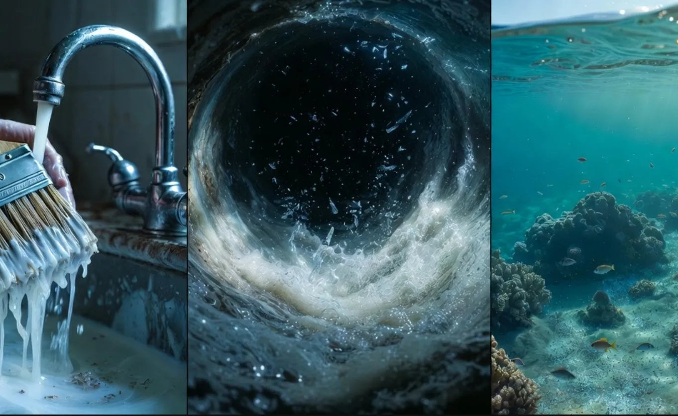 Three distinct scenes: a hand washing a brush under running water, a dark underwater tunnel, and a coral reef with fish.