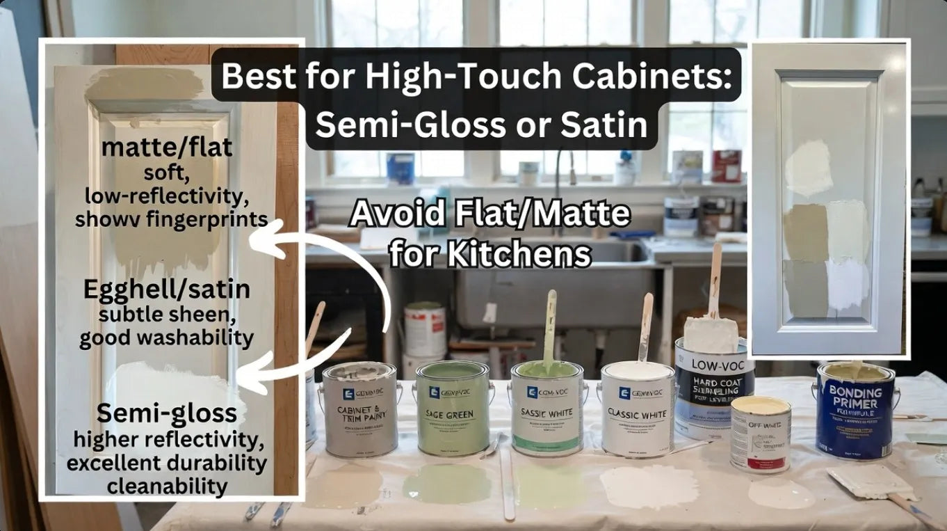 Display of paint cans with text on semi-gloss and satin finishes for high-touch cabinets.