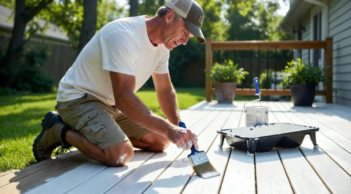 Man painting a wooden deck with a brush and container of paint.