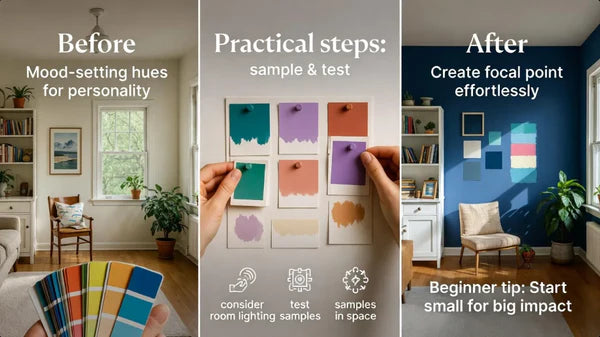Before and after comparison of a room with color swatches and practical steps for color selection.