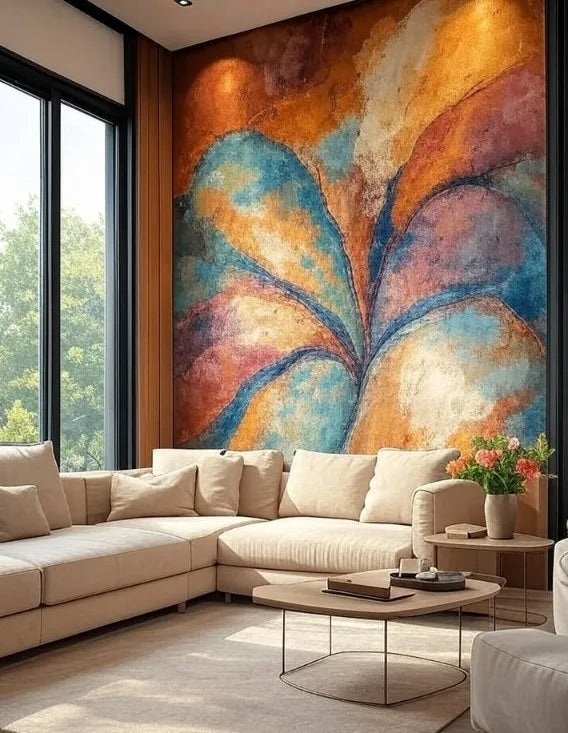 Modern living room with a large abstract wall mural and a beige sectional sofa.