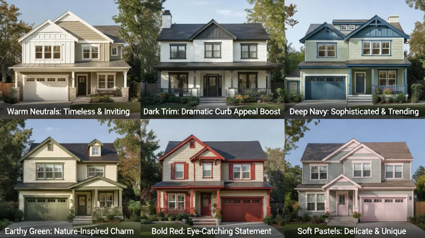 Collage of houses with different color schemes and descriptions.
