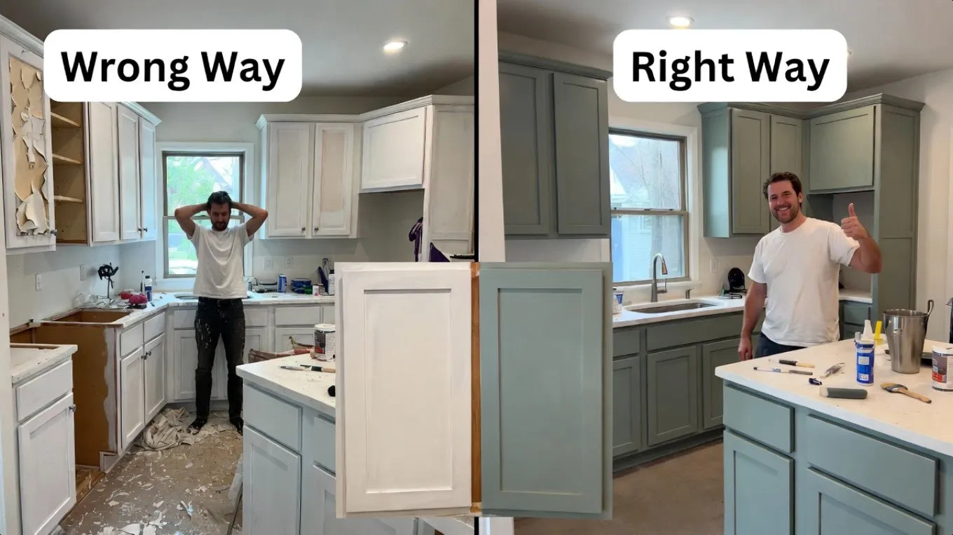 Before and after comparison of a kitchen renovation with a person standing in each scenario.