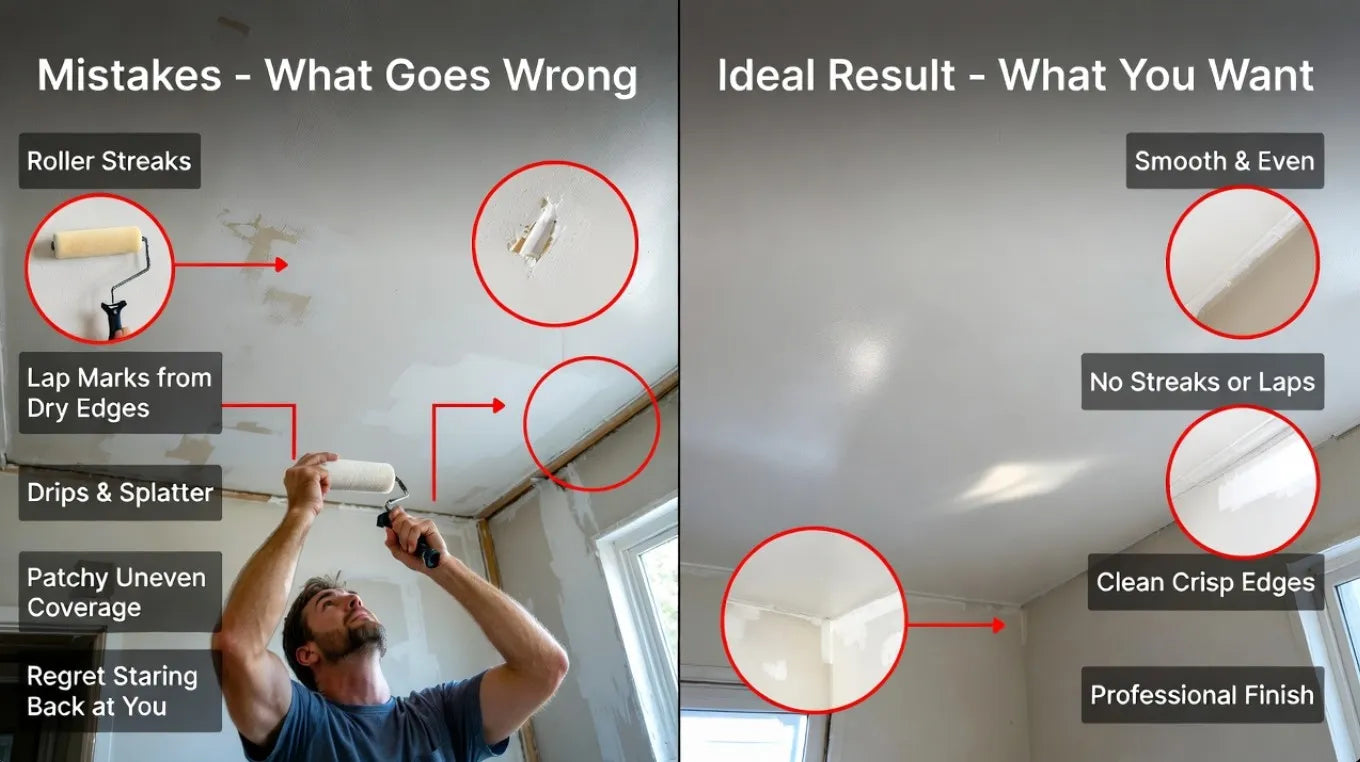 Comparison of roller painting mistakes and ideal results on a ceiling.