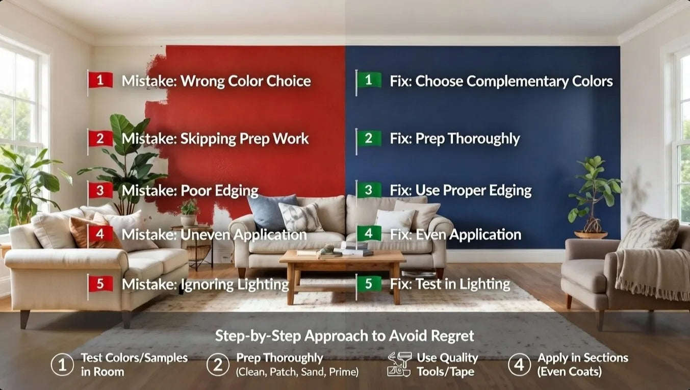 Living room with color choice mistakes and fixes displayed on a wall.