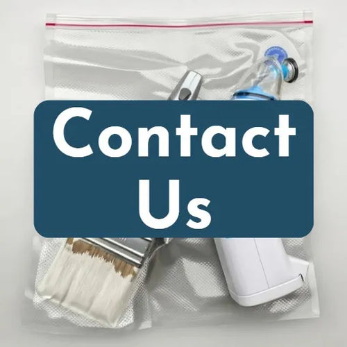 Clear plastic bag with cleaning tools and a 'Contact Us' sign on a white background