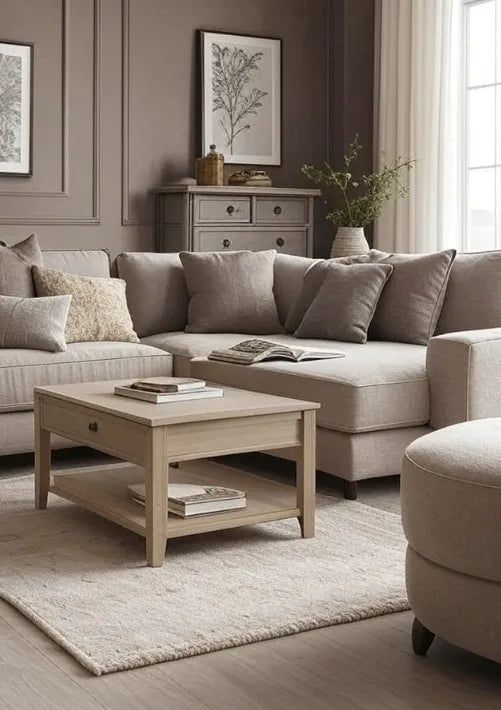 Living room with a beige sectional sofa, coffee table, and decorative elements.