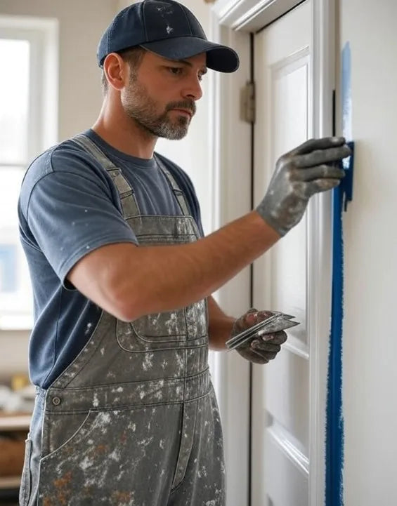 Man in overalls and cap working on a door, holding a painting tool.