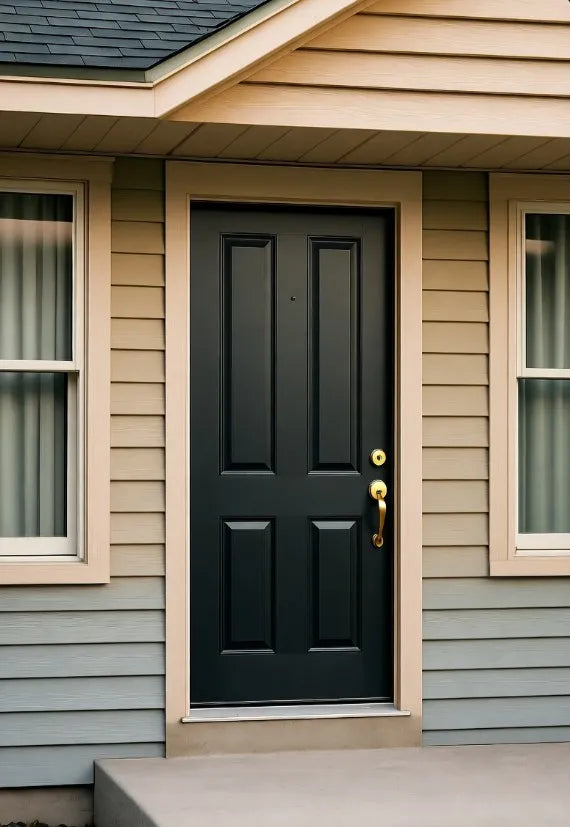 Black door with gold handle on a house with beige siding and gray steps.