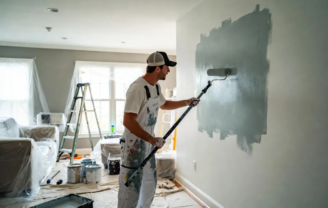 Man painting a wall with a roller in a room under renovation.