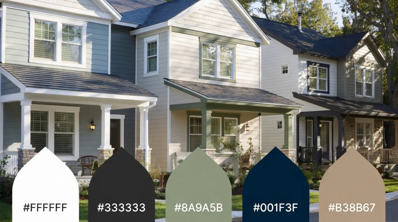 House exterior with color swatches and corresponding hex codes displayed below.