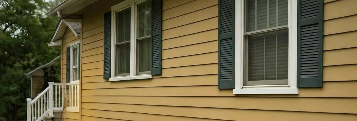 Side view of a house with beige siding, white windows, and green shutters.