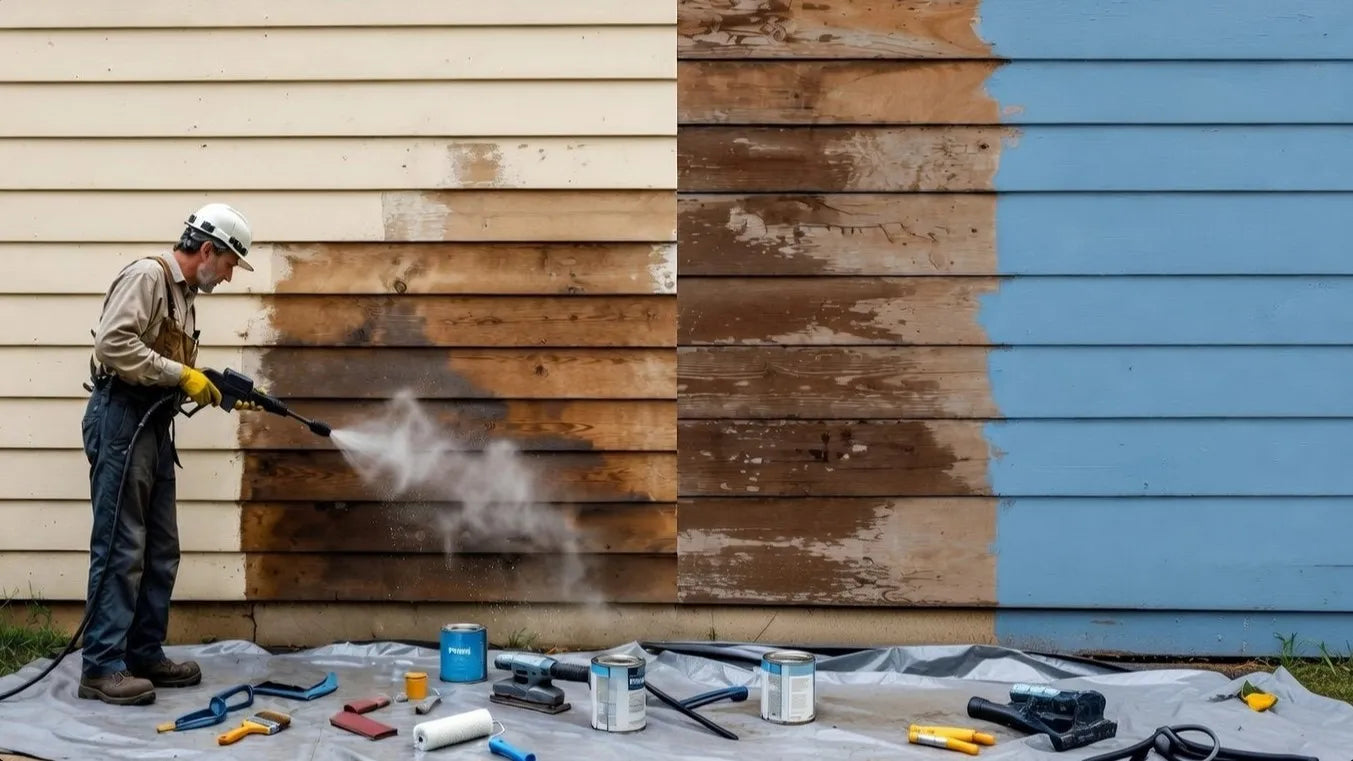 Person using a pressure washer to clean a wooden wall with a blue section.