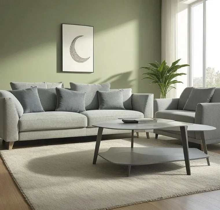 Modern living room with gray sofa, coffee table, and decorative elements.