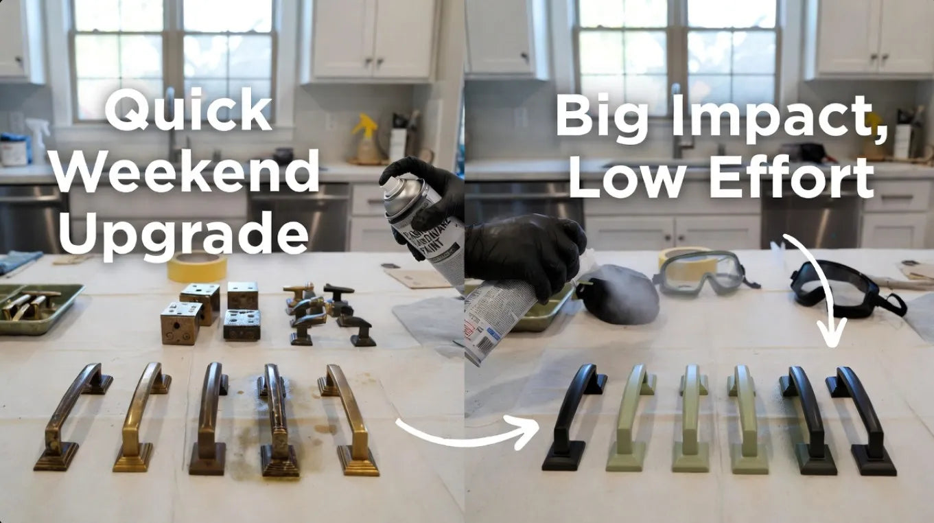 Kitchen cabinet handles displayed on a counter with text about quick weekend upgrade.