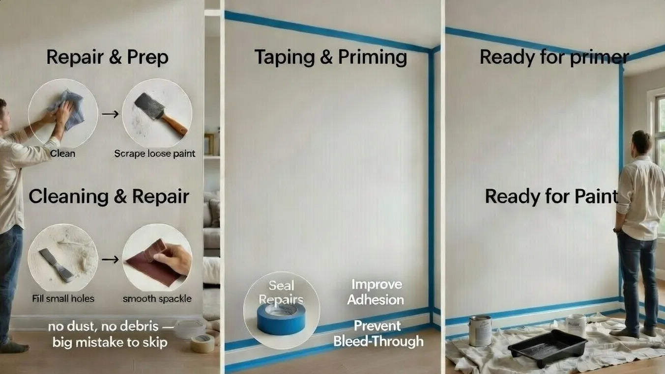 Step-by-step process of preparing a wall for painting with text labels.