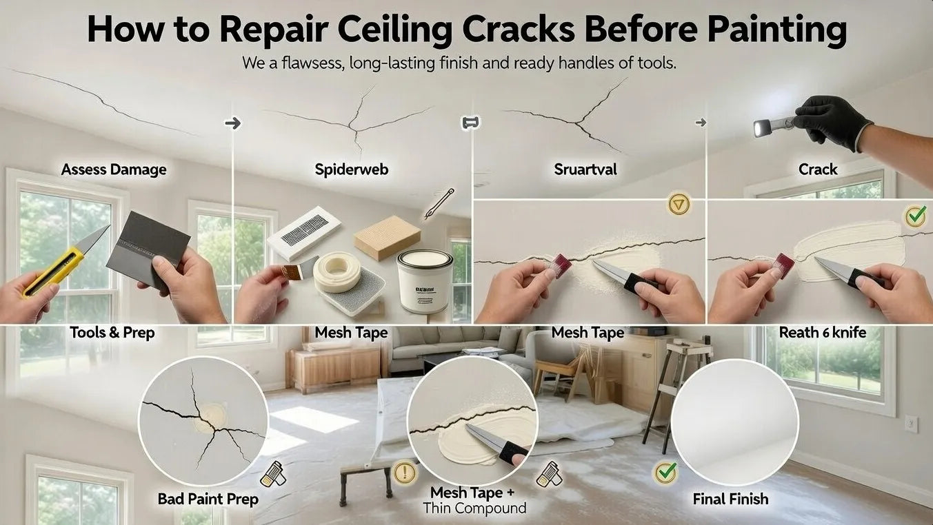 Step-by-step guide on repairing ceiling cracks before painting with tools and materials.