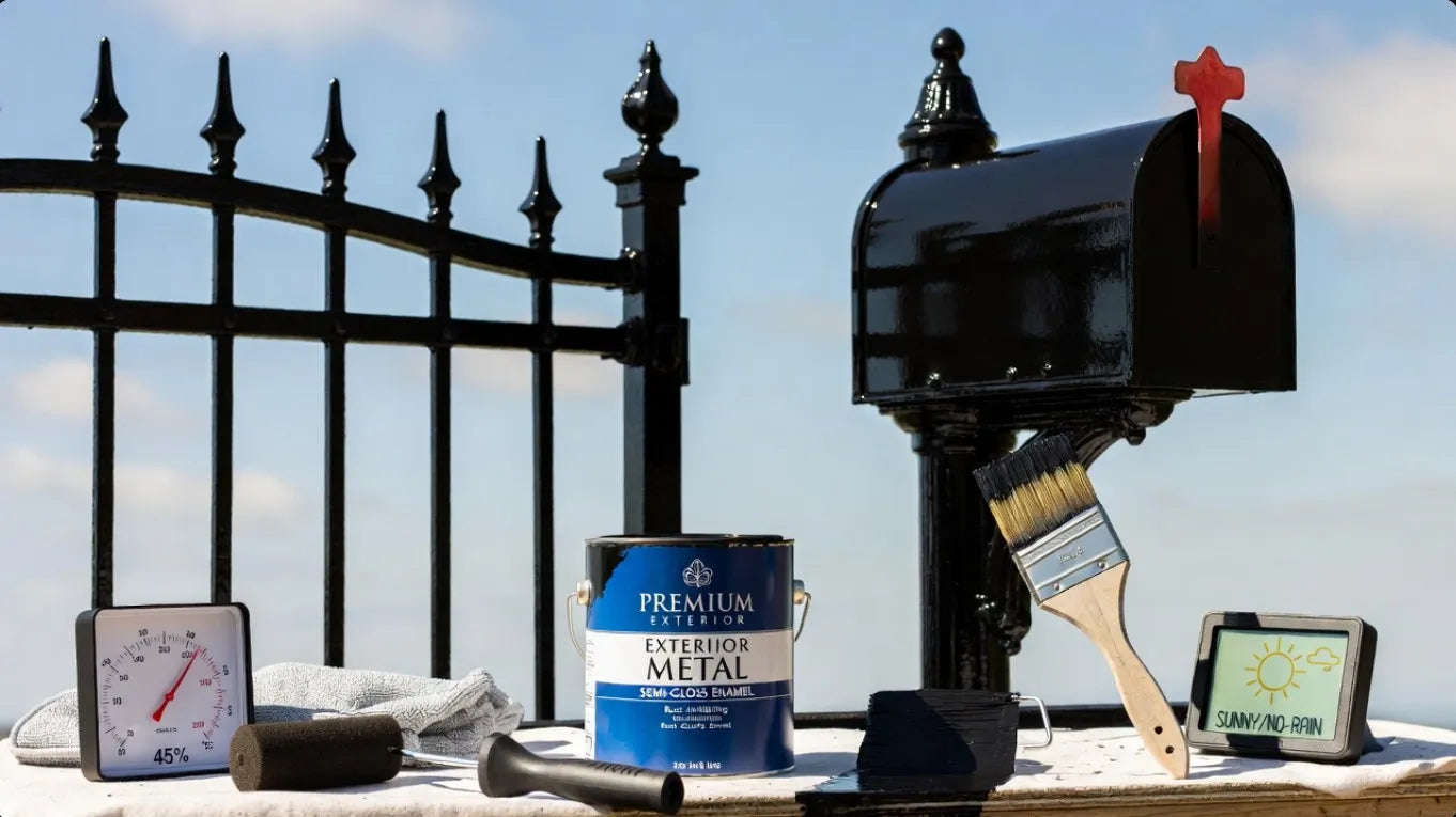 Mailbox with paint can, brush, and temperature gauge against a metal fence background
