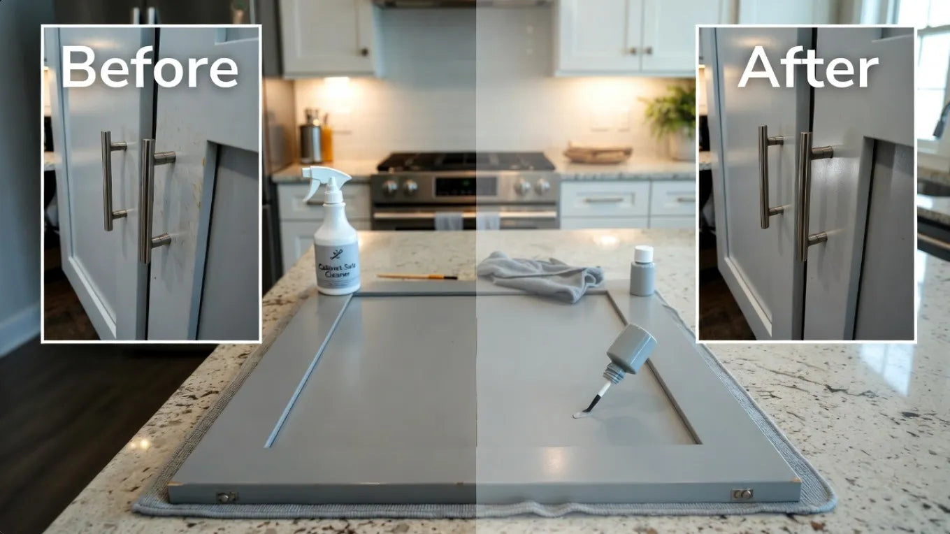 Before and after comparison of a kitchen surface cleaning process.