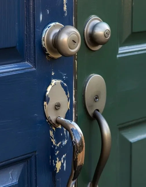 Close-up of a blue and green door with brass doorknobs and handle.