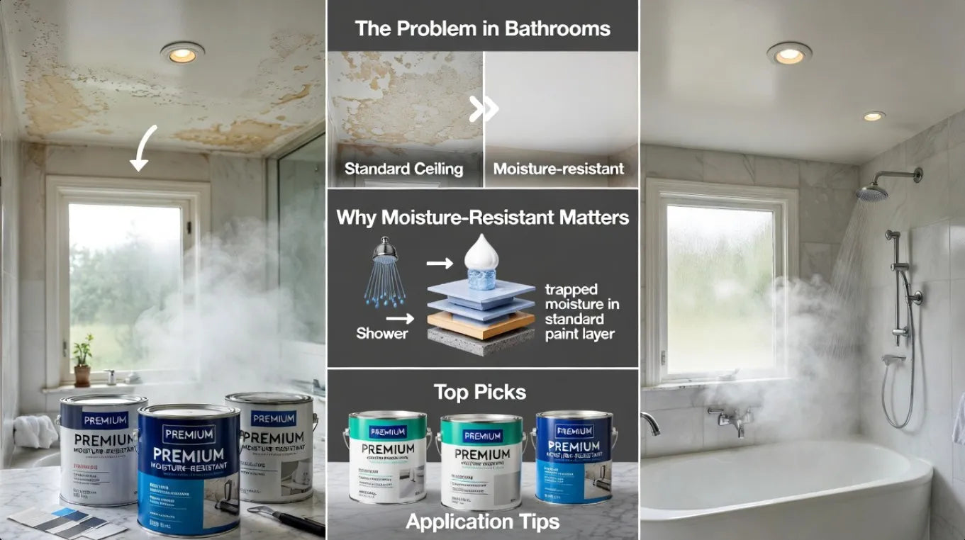 Bathroom renovation process with paint cans and text explaining moisture issues.