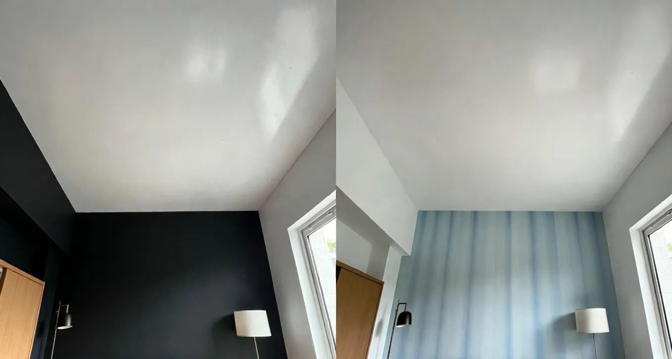Two views of a ceiling with lighting fixtures, one showing a dark wall and the other a room with striped curtains.