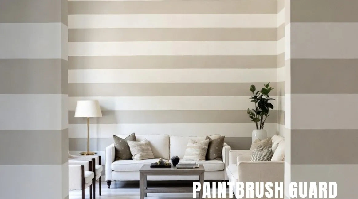 Living room with striped walls and a sofa, featuring 'Paintbrush Guard' branding.