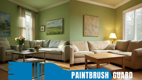 Living room with beige sectional sofa, coffee table, and decorative elements with 'Paintbrush Guard' branding.